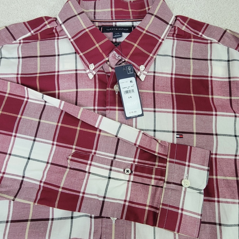 Tommy Hilfiger Plaid Button Down Mens Large Red New Regular Fit Stretch 78JB691